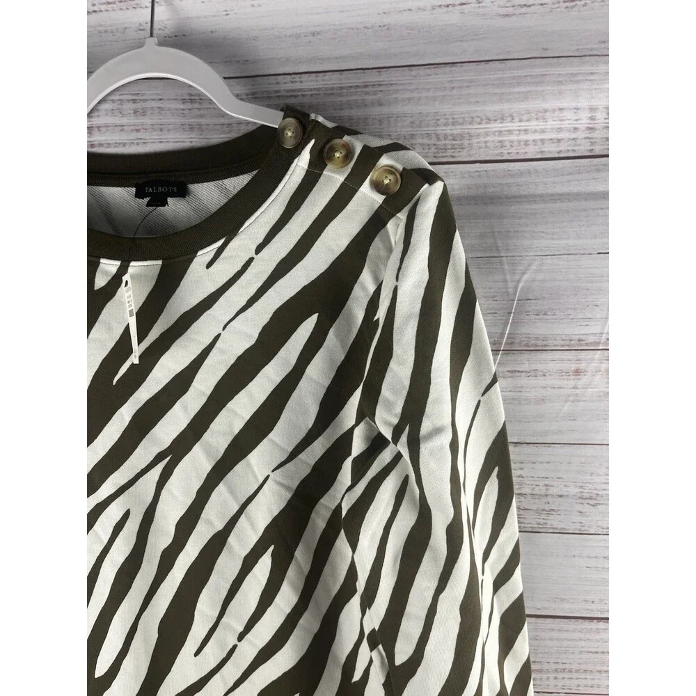 TALBOTS Zebra Print Sweater Women’s Large mod wife Green/white Long Sleeve NWT